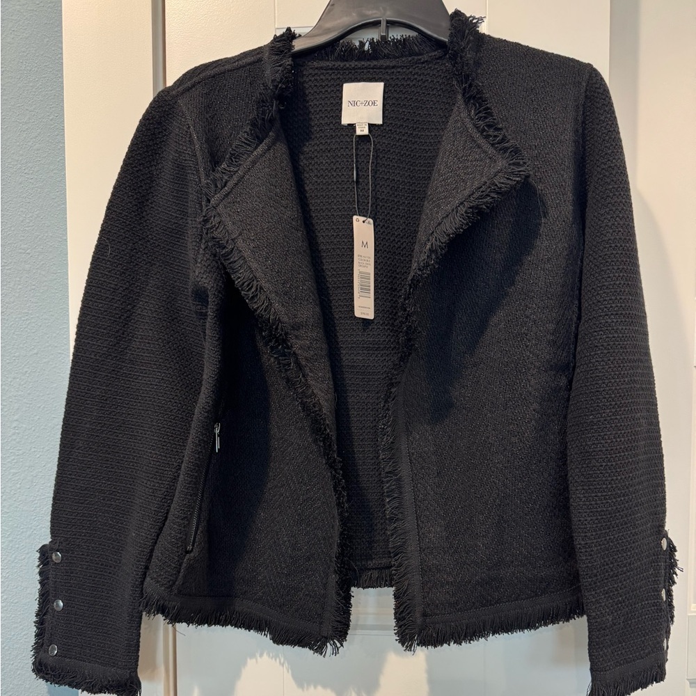 NIC+ZOE Women's Black Fringe Mix  Knit Blazer